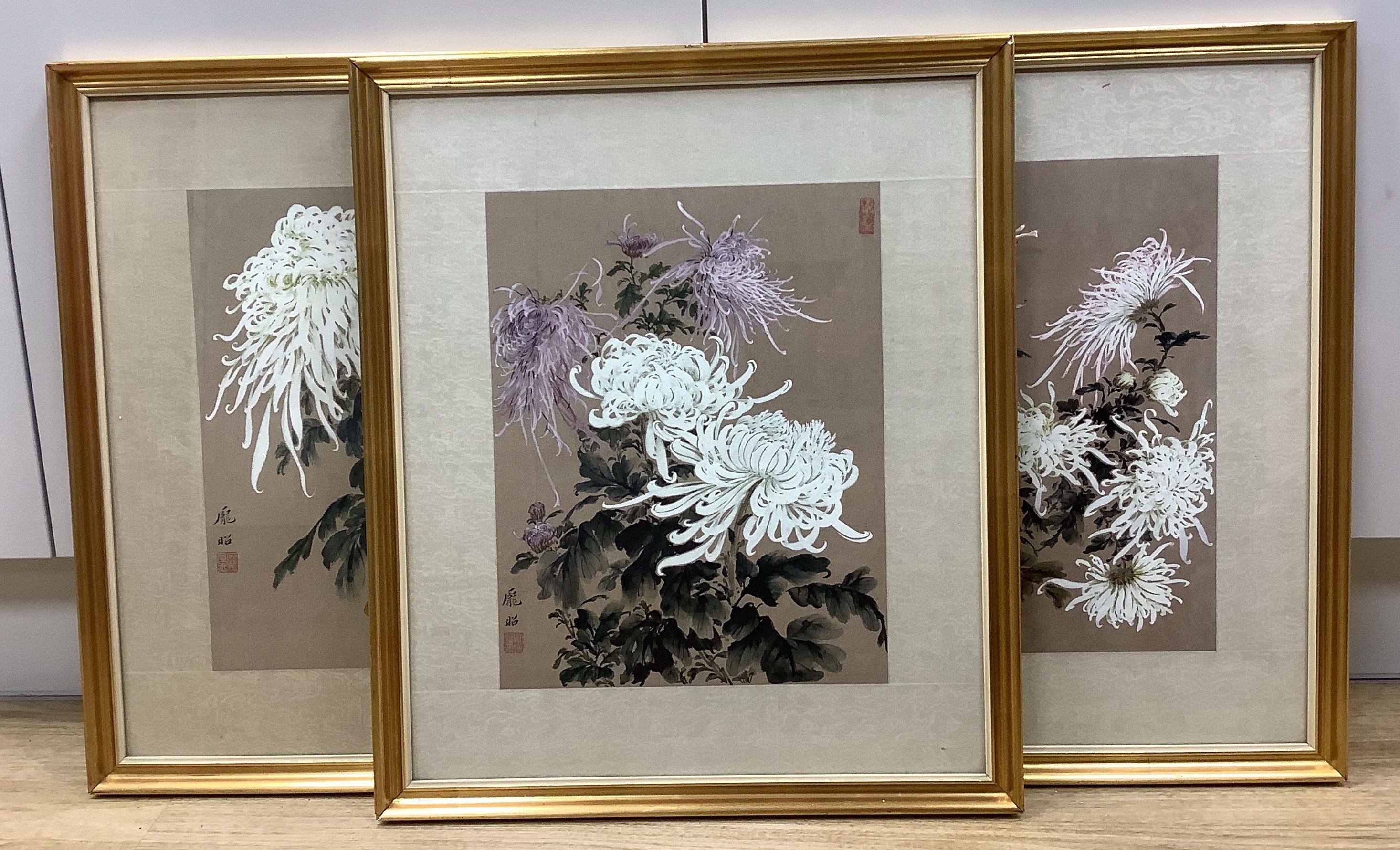 Three Chinese watercolour and gouache studies of flowers and leaves, 34 x 26cm